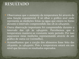 Observamos que o aumento da temperatura foi através de uma função exponencial. É só olhar o gráfico azul onde representa as medições feitas na água que estava no forno durante o intervalo compreendido das 11h às 12h45min. Outra observação importante foi compreendida durante o intervalo das 13h às 14h45min. Percebemos que a temperatura manteve-se constante neste período. Por isso separamos estas medições representando através de um gráfico de outra cor (vermelho). Aconselhamos que a cocção dos alimentos fosse feita das 11h30min. às 14h45min. Pois a temperatura estará em um nível que favorece os resultados esperados.  