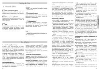 9
PORTUGUÉS
8
seguida, o forno desligar-se-á de forma auto-
mática.
Duração e Fim do Cozinhado: Permite progra-
mar a duração e a hora de finalização do cozin-
hado. Com esta função, o forno colocar-se-á
em funcionamento de forma automática à
hora necessária para cozinhar durante o
tempo seleccionado (Duração), finalizando de
forma automática à hora anteriormente indica-
da. (Fim do Cozinhado).
Programação do Avisador
1 Prima a tecla até o símbolo ilumi-
nar-se. A seguir prima a tecla .
2 Seleccione o tempo após o qual deseja que o
relógio avise, premindo as teclas ou .
3 Posteriormente, soarão 2 beeps seguidos,
será mostrada a hora actual e o símbolo
permanecerá iluminado, indicando que
o avisador já está programado.
4 Decorrido o tempo programado, soará um
sinal acústico e o símbolo começará a
piscar.
5 Prima qualquer tecla para parar o sinal acús-
tico, o símbolo desligar-se-á.
Em qualquer momento, pode visualizar o
tempo restante, premindo as teclas ou
até o símbolo piscar, e premindo de
seguida a tecla . Neste momento, pode
alterar o tempo seleccionado premindo as
teclas ou . A seguir ouvirá 2 beeps
seguidos como confirmação da alteração.
Se desejar ver de forma permanente o tempo
restante até à finalização, prima a tecla
de forma prolongada. O símbolo piscará.
Para voltar à hora actual, basta premir de novo
a tecla de forma prolongada.
Programação da Duração do Cozinhado
1 Prima as teclas ou até o símbolo
iluminar-se. De seguida prima a tecla
.
2 Seleccione a duração, premindo as teclas
ou .
3 Posteriormente soarão 2 beeps seguidos,
será mostrada a hora actual e o símbolo
permanecerá iluminado, indicando que
o forno desligar-se-à de forma automática.
4 Seleccione uma função e uma temperatura
de cozinhado.
5 Decorrida a duração do cozinhado, o forno
desligar-se-á, soará um sinal acústico e o
símbolo piscará.
6 Prima qualquer tecla para parar o sinal acús-
tico, ligando-se o forno de novo.
7 Coloque os comandos na posição para
desligar o forno.
A qualquer momento, pode visualizar o tempo
restante de cozinhado, premindo as teclas
ou até o símbolo piscar, e premindo
de seguida a tecla . Neste momento, pode
modificar o tempo seleccionado premindo as
teclas ou . A seguir ouvirá 2 beeps
seguidos, como confirmação da alteração.
Se desejar ver de forma permanente o tempo
restante até à finalização, prima a tecla
de forma prolongada. O símbolo piscará.
Para voltar à hora actual, basta premir de novo
a tecla de forma prolongada.
Programação da Hora de Finalização do
Cozinhado
1 Prima as teclas ou até o símbolo
iluminar-se. De seguida prima a tecla .
2 Seleccione a hora de finalização do cozinha-
do, premindo as teclas ou .
3 Posteriormente soarão 2 beeps seguidos,
será mostrada a hora actual e o símbolo
permanecerá iluminado, indicando que
o forno desligar-se-à de forma automática.
4 Seleccione uma função e uma temperatura
de cozinhado.
5 Alcançada a hora seleccionada, o forno des-
ligar-se-á, soará um sinal acústico e o sím-
bolo piscará.
6 Prima qualquer tecla para parar o sinal acús-
tico, ligando-se o forno de novo.
7 Coloque os comandos na posição para
desligar o forno.
A qualquer momento pode visualizar a hora de
finalização do cozinhado, premindo as teclas
Desconexão do forno
Grill e Resistência Inferior
Especial para assados. Pode ser usado para
qualquer porção, independente do seu tamanho.
Convencional com Turbina
Adequado para assados e pastelaria. O venti-
lador reparte de forma uniforme o calor no
interior do forno.
Grill
Gratina e assa superficialmente. Permite alou-
rar a camada exterior sem afectar o interior
do alimento. Indicado para pedaços planos
como filetes, costelas, peixe, tostas.
Atenção
Durante o uso da função Grill deve-se manter
a porta fechada.
Resistência Inferior
Calor somente na parte inferior. Apropriado
para aquecer pratos ou levantar massas de
confeitaria e semelhantes.
Descongelação
Esta função é apropriada para a descongela-
ção leve de alimentos. En especial alimentos
sem aquecer, por exemplo, cremes, natas,
pastas, tartes, biscoitos, frutas...
Nota
A lâmpada permanece acesa em qualquer fun-
ção de cozinhado.
Funções do Forno
Acerto do Relógio Electrónico
Ao ligar o forno, observará que, no relógio,
aparece a piscar a indicação 00:00. Premindo
as teclas ou acertará o relógio; a
seguir ouvirá 2 beeps seguidos como confir-
mação da hora seleccionada.
Se desejar alterar a hora, prima as teclas
ou até a hora actual começar a piscar. A
seguir prima a tecla . Premindo as teclas
ou poderá modificar a hora. Finalmente,
ouvirá 2 beeps seguidos como confirmação da
alteração realizada.
Funcionamento Manual
Depois de acertar o relógio, o forno está pron-
to para cozinhar. Seleccione uma função de
cozinhado e uma temperatura.
Durante o cozinhado, o símbolo ilumina-
se indicando que o forno está a transmitir
calor ao alimento, e desliga-se quando é atin-
gida a temperatura seleccionada.
Para desligar o forno, coloque os comandos
na posição .
Funções do Relógio Electrónico
Avisador: Gera um sinal acústico ao fim de
algum tempo, para tal, não é necessário que o
forno esteja a cozinhar.
Duração do Cozinhado: Permite cozinhar
durante um tempo seleccionado; de seguida,
o forno desligar-se-á de forma automática.
Hora de Finalização do Cozinhado: Permite
cozinhar até a uma hora estabelecida, de
Uso do Forno
3172092-ABB00 15/4/05 09:19 Página 8
 