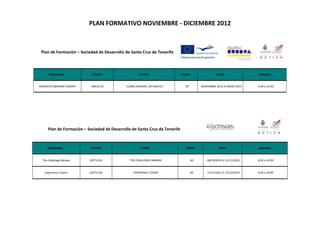  

                                                    
                               PLAN FORMATIVO NOVIEMBRE ‐ DICIEMBRE 2012 
 

 

     Plan de Formación – Sociedad de Desarrollo de Santa Cruz de Tenerife
 

 
          PROGRAMA              CÓDIGO                     CURSO                  HORAS                   FECHA                HORARIO 
 
                 
    PROYECTO IMAGINA EUROPA     IMA12.03          CURSO ALEMAN  (3º GRUPO )         50          NOVIEMBRE 2012 A ENERO 2013    9:30 a 12:30 
                 

 

 

 

          Plan de Formación – Sociedad de Desarrollo de Santa Cruz de Tenerife 
 

         PROGRAMA               CÓDIGO                     CURSO                    HORAS                   FECHA              HORARIO 

 
      The Challenge Abroad     GOT12.03             THE CHALLENGE ABROAD                  60        08/10/2012 A 15/11/2012    8:30 a 16:00 

 
       Experience Counts       GOT12.04               EXPERIENCE COUNT                    60        12/11/2012 A 12/12/2012    8:30 a 16:00 
 

 

 

 

 
 