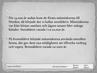  För 14.000 år sedan kom de första människorna till

Norden, då började det vi kallar stenåldern. Människorna
var från början samlare och jägare senare blev många
bönder. Stenåldern varade i ca 10.000 år.

 På bronsåldern började människorna använda metallen

brons, det gav dem nya möjligheter att tillverka verktyg
och vapen. Bronsåldern varade ca 1000 år.

 