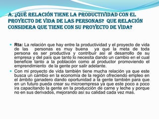 a. ¿Qué relación tiene la productividad con el proyecto de vida de las personas?  Que relación considera que tiene con su proyecto de vida?Rta: La relación que hay entre la productividad y el proyecto de vida de las  personas es muy buena  ya que la meta de todapersona es ser productiva y contribuir así al desarrollo de su empresa y del país que tanto lo necesita dando un cambio en el cual beneficie tanto a la población como al productor promoviendo el emprendimiento  de la gente por salir adelante. Con mi proyecto de vida también tiene mucha relación ya que este busca un cambio en la economía de la región ofreciendo empleo en el ámbito ganadero dando oportunidad a la gente también para que en un futuro pueda crear su microempresa ya que este poco a poco ira capacitando la gente en la producción de carne y leche y porque no en sus derivados, mejorando así su calidad cada vez mas.