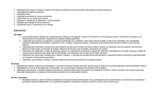 








Habilidades para buscar, procesar y analizar información procedente de fuentes diversas relacionadas al campo profesional
Capacidad para elaborar proyectos
Capacidad crítica
Capacidad para actuar en nuevas situaciones
Compromiso con su medio socio-cultural
Valoración y respeto por la diversidad y multiculturalidad
Habilidad para trabajar en forma autónoma
Compromiso ético y compromiso con la calidad

ESPECIFICAS:
Del saber:
 Conocimiento teórico científico de la Administración Pública a nivel regional, nacional e internacional en los aspectos políticos, económicos y sociales y sus
implicaciones en las políticas y programas de la gestión pública panameña.
 Capacidad para evaluar los programas y proyectos planificados por el gobierno, para dirigir políticas sociales, económicas orientadas a las necesidades
colectivas Capacidad para planificar y organizar a corto, mediano y largo plazo planes y programas de las instituciones del sector público a nivel nacional,
regional,
 Capacidad para interpretar la política de la administración de Recursos Humanos del sector público; analizar las relaciones entre los puestos y las funciones
básicas de cada cargo y el mercado del trabajo; aplicando las técnicas para el análisis y descripción de puestos.
 Capacidad para desarrollar un estilo de liderazgo práctico en el desempeño administrativo; desarrollar actitudes y habilidades en el manejo de grupos, trabajo de
equipos que se requieren para desarrollar las actividades y los programas para el logro de las metas comunes.
 Capacidad para desarrollar investigaciones, elaborar métodos y manuales de procedimientos administrativos, e igualmente diseñar estructuras organizacionales
que requiere el sector institucional público.
 Capacidad para identificar, plantear y resolver problemas técnicas administrativas en la gestión pública
Del hacer:
 Habilidad para diseñar programas de capacitación, concursos de puestos análisis de tareas, escala salarial y sistema de incentivos aplicados a la Administración Pública.
 Habilidades en el uso de la tecnología de la información y de la comunicación aplicada a los procesos administrativos.
 Habilidades para procesar y analizar sistemas financieros de carácter público para la formulación de políticas de inversión y toma de decisión que sirvan de base para
desarrollar presupuestos y programas institucionales e insertarlo en el presupuesto nacional.
Del Ser y valorativo:
 Manifestar actitudes, valores e ideales ciudadanos de vida democrática contribuyendo con su participación social comprometida con las tareas de consolidación
del Estado nacional independiente, con el desarrollo sostenible, la equidad y la justicia social en el marco de la cultura de paz.

 