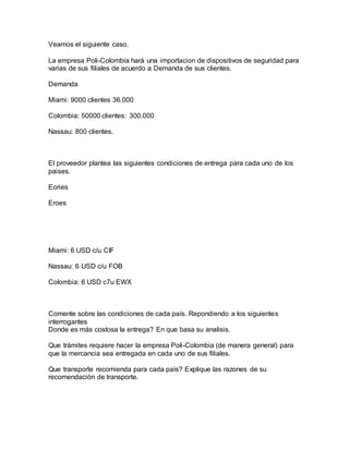 Veamos el siguiente caso.
La empresa Poli-Colombia harà una importacion de dispositivos de seguridad para
varias de sus filiales de acuerdo a Demanda de sus clientes.
Demanda
Miami: 9000 clientes 36.000
Colombia: 50000 clientes: 300.000
Nassau: 800 clientes.
El proveedor plantea las siguientes condiciones de entrega para cada uno de los
paises.
Eories
Eroes
Miami: 6 USD c/u CIF
Nassau: 6 USD c/u FOB
Colombia: 6 USD c7u EWX
Comente sobre las condiciones de cada país. Repondiendo a los siguientes
interrogantes
Donde es más costosa la entrega? En que basa su analisis.
Que trámites requiere hacer la empresa Poli-Colombia (de manera general) para
que la mercancia sea entregada en cada uno de sus filiales.
Que transporte recomienda para cada paìs? Explique las razones de su
recomendaciòn de transporte.
 