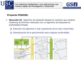  Ejecución O1. Algoritmo de anotación basado en contexto que combina
clustering de términos relevantes con un algoritmo de búsqueda en
profundidad limitada
 Extensión del algoritmo a más repositorios de la nube Linked Data
 Generalización de la aproximación para cualquier profundidad
Proyecto PISIXDE.
Los sistemas inteligentes y sus aplicaciones son
nuestro objeto de investigación y desarrollo
 