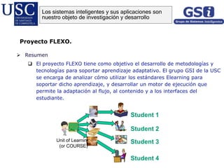  Resumen
 El proyecto FLEXO tiene como objetivo el desarrollo de metodologías y
tecnologías para soportar aprendizaje adaptativo. El grupo GSI de la USC
se encarga de analizar cómo utilizar los estándares Elearning para
soportar dicho aprendizaje, y desarrollar un motor de ejecución que
permite la adaptación al flujo, al contenido y a los interfaces del
estudiante.
Proyecto FLEXO.
Unit of Learning
(or COURSE)
Student 1
Student 2
Student 4
Student 3
Los sistemas inteligentes y sus aplicaciones son
nuestro objeto de investigación y desarrollo
 