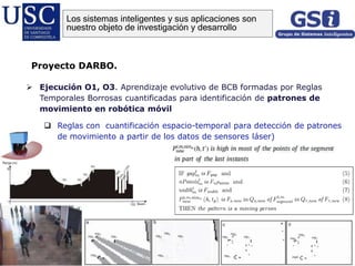  Ejecución O1, O3. Aprendizaje evolutivo de BCB formadas por Reglas
Temporales Borrosas cuantificadas para identificación de patrones de
movimiento en robótica móvil
 Reglas con cuantificación espacio-temporal para detección de patrones
de movimiento a partir de los datos de sensores láser)
Proyecto DARBO.
Los sistemas inteligentes y sus aplicaciones son
nuestro objeto de investigación y desarrollo
 
