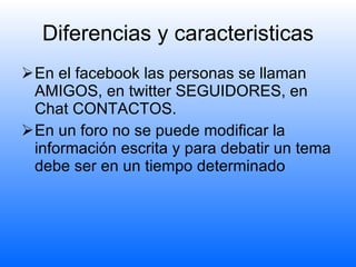 Diferencias y caracteristicas En el facebook las personas se llaman AMIGOS, en twitter SEGUIDORES, en Chat CONTACTOS. En un foro no se puede modificar la información escrita y para debatir un tema debe ser en un tiempo determinado 