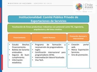 M I N I S T E R I O D E H A C I E N D A . G O B I E R N O D E C H I L E
10
Institucionalidad: Comité Público Privado de
Exportaciones de Servicios
Financiamiento Capital Humano
Promoción Nacional e
Internacional
• Estudio Brechas
Financiamiento.
• Boletas de Garantía
endosables.
• Seguros de buen
cumplimiento.
• Información
estadística.
• Programa de formación y
reconversión de programadores.
• Inglés
• Certificación internacional para
programadores (SFIA).
• Intermediación laboral focalizada.
• Visa Tech.
• Creación portal
web.
• Marca Exportación
Servicios.
• Gira de promoción.
Focalización de Áreas productivas: Industrias con potencial como TIC, Ingeniería,
arquitectura y del área creativa.
 