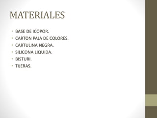 MATERIALES
• BASE DE ICOPOR.
• CARTON PAJA DE COLORES.
• CARTULINA NEGRA.
• SILICONA LIQUIDA.
• BISTURI.
• TIJERAS.
 