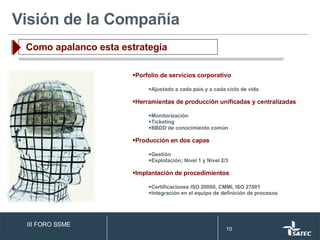 Visión de la Compañía Como apalanco esta estrategia Porfolio de servicios corporativo Ajustado a cada país y a cada ciclo de vida  Herramientas de producción unificadas y centralizadas Monitorización Ticketing BBDD de conocimiento común Producción en dos capas Gestión Explotación; Nivel 1 y Nivel 2/3 Implantación de procedimientos Certificaciones ISO 20000, CMMI, ISO 27001 Integración en el equipo de definición de procesos III FORO SSME 