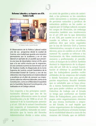 Reformas Laborales y su Impacto con el Dr.               en actos de gestión y actos de autori-
               Teodoro Coello                              dad, a los primeros se los considera
                                                           como ejecuciones y acciones propias
                                                           de personas naturales y jurídicas de
                                                           naturaleza pública en las cuales se
                                                           regirán por el Código Laboral, excepto
                                                           los cargos de Dirección, sin embargo
                                                           encuentra también una incoherencia
                                                           en el art 229 con lo que determina
                                                           el art. 326, por cuanto en el art. 229
                                                           cuando se refiere a los servidores
       Fuente: Observatorio de la Política Laboral 2010.   públicos dice que serán regulados
             Dr. Teodoro Coello y Gabriel Recalde          por la Ley de Servicio Civil y Carrera
                                                           Administrativa, excepto el caso de los
El Observatorio de la Política Laboral realizó
uno de sus programas desde la ciudad de                    obreros, pero en cambio en el art 326,
Cuenca, una ciudad que guarda una vocación                 numeral 16, cuando se refieren a los
permanente por la academia y en el caso                    funcionarios de libre nombramiento,
laboral un ejemplo de un pueblo que presen-                asesores y profesionales al conside-
ta una tasa de desempleo menor al 4%, pero                 rarlos al margen de la LOSCA. También
que a la vez sufrió mucho por la migración,
                                                           destacó la importancia de la disposi-
en ese contexto tuvimos la transmisión con el
Dr. Teodoro Coello, Ex Magistrado de la Corte              ción del art 328 de la actual Consti-
Suprema de Justicia, actual Catedrático de la              tución al eliminar la posibilidad de
Universidad Estatal de Cuenca y uno de los                 que los trabajadores puedan recibir
referentes más importantes en materia laboral              utilidades de las empresas del estado
y acudimos en el afán de conocer sus impre-                o donde funcionen con una partici-
siones sobre las reformas laborales, tanto en la
                                                           pación mayoritaria. Resaltó también
Constitución, como en el Mandato 8 expedido
por la Asamblea Nacional Constituyente y las               que es saludable que se haya eleva-
realizadas en el Código Laboral.                           do a norma fundamental del Estado
                                                           que para poder celebrar un Contrato
Con respecto a los principios consti-                      Colectivo de trabajo con el Estado
tucionales destacó que una de las                          se tenga que conformar un Comité
principales diferencias entre la actual                    Único de Trabajadores, para evitar la
Constitución y la de 1998 es el art. 35                    pugna entre organizaciones clasistas
numeral 9 de la Constitución anterior                      de una misma institución o empre-
y el art. 326 de la actual Constitución                    sa del Estado, lo cual impide que
con respecto al tratamiento laboral                        varias organizaciones de trabajadores
del sector público, tomando en consi-                      busquen beneficiarse al mismo tiempo
deración que la teoría del Derecho                         de la estabilidad laboral a costa de los
Administrativo divide a estos actos,                       recursos del Estado, que en definiti-

  34
 
