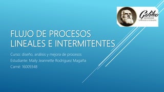 FLUJO DE PROCESOS
LINEALES E INTERMITENTES
Curso: diseño, análisis y mejora de procesos
Estudiante: Maily Jeannette Rodriguez Magaña
Carné: 16009348
 