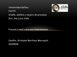 Universidad Galileo
FACTI
Diseño, análisis y mejora de procesos
Dra. Ana Lucia Valle
Proceso Lineal y proceso Intermitente
Cynthia Kristabel Martínez Marroquín
10149018
 