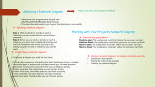 Analyzing a Network Diagram Helps you plan your project schedule
✓ Determine how long the entire trip will take.
✓ Identify potential difficulties along the way.
✓ Consider alternate routes to get to your final destination more quickly
 Reading a network diagram
Rule 1: After you finish an activity or reach a
milestone, you can proceed to the next activity or
milestone
Rule 2: Before you can start an activity or reach a
milestone, you must first complete all activities and
reach all milestones with arrows pointing to the
activity you want to start or milestone you want to
reach.
 Interpreting a network diagram
To interprete a diagram you need the next steps:
✓ Critical path: A sequence of activities that takes the longest time to complete
✓ Noncritical path: A sequence of activities in which you can delay activities
✓ Slack time The maximum amount of time you can delay an activity
✓ Earliest start date: The earliest date you can start an activity
✓ Earliest finish date: The earliest date you can finish an activity
✓ Latest start date: The latest date you can start an activity
✓ Latest finish date: The latest date you can finish an activity
Working with Your Project’s Network Diagram
 Determining precedence
Finish-to-start: The predecessor must finish before the successor can start.
Finish-to-finish: The predecessor must finish before the successor can finish.
Start-to-start: The predecessor must start before the successor can start.
Start-to-finish: The predecessor must start before the successor can finish.
 Using a network diagram to analyze a simple example
 Deciding on the activities
 Setting the order of the activities
 Creating the network diagram
 