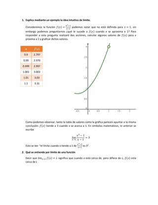 1. Explica mediante un ejemplo la idea intuitiva de límite.
Consideremos la función 𝑓(𝑥) =
𝑥3−1
𝑥−1
podemos notar que no está definida para 𝑥 = 1, sin
embargo podemos preguntarnos ¿qué le sucede a 𝑓(𝑥) cuando x se aproxima a 1? Para
responder a esta pregunta realizaré dos acciones, calcular algunos valores de 𝑓(𝑥) para x
próxima a 1 y graficar dichos valores.
Como podemos observar, tanto la tabla de valores como la gráfica parecen apuntar a la misma
conclusión: 𝑓(𝑥) tiende a 3 cuando x se acerca a 1. En símbolos matemáticos, lo anterior se
escribe
lim
𝑥→1
𝑥3
− 1
𝑥 − 1
= 3
Esto se lee: “el límite cuando x tiende a 1 de
𝑥3−1
𝑥−1
es 3”.
2. Qué se entiende por límite de una función
Decir que lim 𝑥→𝑐 𝑓(𝑥) = 𝐿 significa que cuando x está cerca de, pero difiere de c, 𝑓(𝑥) esta
cerca de L
x 𝒇(𝒙)
0.9 2.797
0.99 2.970
0.999 2.997
1.001 3.003
1.01 3.03
1.1 3.31
 