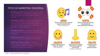 TIPOS DE MARKETING SENSORIAL
1. Marketing visual, donde las formas, los colores,
la profundidad, los ambientes o vídeos que
utiliza una marca buscan activar nuestro
corazón.
2. Marketing auditivo, a qué suenan las marcas,
responsable de que, por ejemplo, todos
seamos capaces de reconocer la sintonía de
una determinada empresa con tan solo
encender nuestro ordenador.
3. Marketing olfativo, con aromas asociados ya
por siempre en nuestra mente a determinados
productos.
4. Marketing gustativo, donde lógicamente los
restaurantes son sus máximos exponentes.
5. Marketing kinésico o táctil, un tipo de
marketing sensorial reservado únicamente al
mundo offline, repleto de objetos de los que
nos enamoramos por su textura.
IAM001 - COMPORTAMIENTO DEL CONSUMIDOR
 