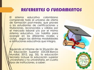 REFERENTES O FUNDAMENTOS
El sistema educativo colombiano
comprende todo el universo de oferta
de formación post-media, que provee
a los estudiantes de certificaciones y
titulaciones, reconocidas y válidas por
el mercado laboral y/o por el mismo
sistema educativo. Los habilita para
avanzar en los diferentes niveles y
ciclos, según las distintas modalidades
e instituciones educativas que integra.
Siguiendo el Informe de la Situación de
la Educación Superior (OCDE-Banco
Mundial, 2012, pg. 35), la educación
terciaria incluye la educación superior
universitaria y no universitaria, en cuatro
tipos de instituciones, a saber:
 