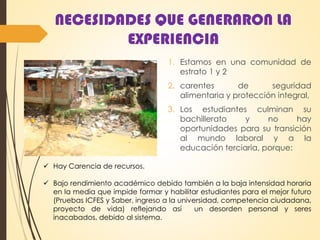 NECESIDADES QUE GENERARON LA
EXPERIENCIA
1. Estamos en una comunidad de
estrato 1 y 2
2. carentes de seguridad
alimentaria y protección integral,
3. Los estudiantes culminan su
bachillerato y no hay
oportunidades para su transición
al mundo laboral y a la
educación terciaria, porque:
 Hay Carencia de recursos.
 Bajo rendimiento académico debido también a la baja intensidad horaria
en la media que impide formar y habilitar estudiantes para el mejor futuro
(Pruebas ICFES y Saber, ingreso a la universidad, competencia ciudadana,
proyecto de vida) reflejando así un desorden personal y seres
inacabados, debido al sistema.
 