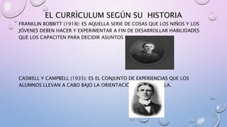 EL CURRÌCULUM SEGÚN SU HISTORIA
FRANKLIN BOBBITT (1918): ES AQUELLA SERIE DE COSAS QUE LOS NIÑOS Y LOS
JÓVENES DEBEN HACER Y EXPERIMENTAR A FIN DE DESARROLLAR HABILIDADES
QUE LOS CAPACITEN PARA DECIDIR ASUNTOS DE LA VIDA ADULTA.
CASWELL Y CAMPBELL (1935): ES EL CONJUNTO DE EXPERIENCIAS QUE LOS
ALUMNOS LLEVAN A CABO BAJO LA ORIENTACIÓN DE LA ESCUELA.
 