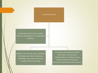 Economía ambiental
Valuación económica de costos y beneficios
ambientales: para diseñar regulaciones
ambientales, para evaluar proyectos o
cuantificar daños ambientales.
Los impactos de las distintas políticas
ambientales en la innovación,
competitividad y la localización de las
empresas: políticas ambientales y
mecanismos internacionales de protección.
Comprende regulaciones para resolver
cuestiones relacionadas con la problemática
ambiental.
 