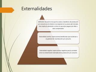 Externalidades
Definición: Situación en la que los costos o beneficios de producción
y/o consumo de los bienes no se exponen en su precio del mercado.
Esto implica la afectación a otros sin que estos paguen por ellas o
sean compensados.
Externalidad positiva: repercusiones beneficiosas que se derivan o
se generan de la producción y/o consumo.
Externalidad negativa: repercusiones negativas para la sociedad
como la contaminación derivadas de la producción y/o consumo.
 