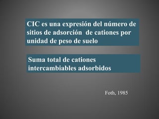 CIC es una expresión del número de
sitios de adsorción de cationes por
unidad de peso de suelo

Suma total de cationes
intercambiables adsorbidos


                         Foth, 1985
 
