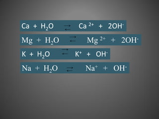 Ca + H2O   Ca 2+ + 2OH-
Mg + H2O     Mg 2+ + 2OH-
K + H2O    K+ + OH-
Na + H2O     Na+ + OH-
 
