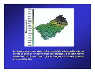 La figura muestra una vista tridimensional de la topografía y de los
cursos de agua en la cuenca (linea negra gruesa). El usuario tiene el
completo control para rotar o girar la imagen, asi como la gama de
colores utilizados.
 