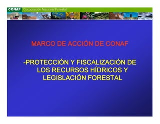 MARCO DE ACCIÓN DE CONAF

-PROTECCIÓN Y FISCALIZACIÓN DE
   LOS RECURSOS HÍDRICOS Y
     LEGISLACIÓN FORESTAL
 