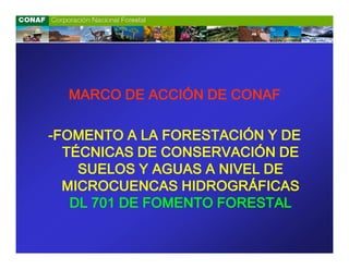 MARCO DE ACCIÓN DE CONAF

-FOMENTO A LA FORESTACIÓN Y DE
  TÉCNICAS DE CONSERVACIÓN DE
    SUELOS Y AGUAS A NIVEL DE
  MICROCUENCAS HIDROGRÁFICAS
   DL 701 DE FOMENTO FORESTAL
 