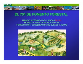 DL 701 DE FOMENTO FORESTAL
    MANEJO INTEGRADO DE CUENCAS DL-701
                                  DL-
      MODELO A NIVEL DE MICROCUENCAS
FORESTACIÓN / CONSERVACIÓN DE SUELOS Y AGUAS
 