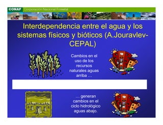 Interdependencia entre el agua y los
sistemas físicos y bióticos (A.Jouravlev-
                CEPAL)
                 Cambios en el
                   uso de los
                    recursos
                naturales aguas
                    arriba …

   §§Río§§§Río§§§Río§§
                   … generan
                 cambios en el
                ciclo hidrológico
                  aguas abajo.
 