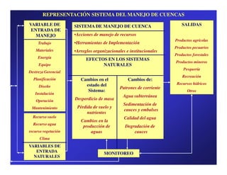 REPRESENTACIÓN SISTEMA DEL MANEJO DE CUENCAS
VARIABLE DE          SISTEMA DE MANEJO DE CUENCA                         SALIDAS
 ENTRADA DE
   MANEJO            •Acciones de manejo de recursos
                                                                     Productos agrícolas
     Trabajo         •Herramientas de Implementación
                                                                     Productos pecuarios
   Materiales        •Arreglos organizacionales e institucionales
                                                                     Productos forestales
     Energía               EFECTOS EN LOS SISTEMAS
                                                                     Productos mineros
     Equipo                      NATURALES
                                                                          Pesquería
Destreza Gerencial
                                                                         Recreación
  Planificación         Cambios en el            Cambios de:
                          estado del                                  Recursos hídricos
     Diseño                                  Patrones de corriente
                           Sistema:                                         Otros
   Instalación
                                              Agua subterránea
    Operación        Desperdicio de masa
                                              Sedimentación de
 Mantenimiento        Pérdida de suelo y
                                              cauces y embalses
                           nutrientes
  Recurso suelo                                Calidad del agua
                        Cambios en la
  Recurso agua
                         producción de         Degradación de
recurso vegetación           aguas                 cauces
      Clima
VARIABLES DE
   ENTRADA
                                    MONITOREO
  NATURALES
 