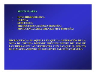 SEGÚN EL ÁREA

  -   HOYA HIDROGRÁFICA
  -   CUENCA
  -   SUBCUENCA
  -   MICROCUENCA (CUENCA PEQUEÑA)
  -   MINICUENCA (ÁREA DRENAJE MUY PEQUEÑA)



MICROCUENCA: ES AQUELLA EN QUE LA GENERACIÓN DE LA
ONDA DE CRECIDA DEPENDE PRINCIPALMENTE DEL USO DE
LAS TIERRAS EN LAS VERTIENTES Y EN LAS QUE EL EFECTO
DE ALMACENAMIENTO DE AGUA EN EL VALLE ES CASI NULO.
 
