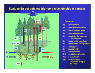 Evaluación del balance hídrico a nivel de sitio o parcela
                             Pp




                                                          Referencia:
                                  Evtr
                                                     Pp      : precipitación
                                                     Pd       : precipitación directa
                                           Ic
                    Pd                               Pf       : escurrimiento fustal
                                                     Pn       : precipitación neta
                                                     Ic       : pérdidas de agua por
         Pf                          Tr                           intercepción
                         Ev
                                                     Eo       : escorrentía superficial
       Pd + Pf                                       Es      : escorrentía subsuperficial
                                                     In      : infiltración
         Pn                               In         Ev      : evaporación
Eo                                                   Tr      : transpiración
                                                Eo
                                                     Evtr     : evapotranspiración
Es                                              Es   Per      : percolación
                         R                            R       : variación del
                                                                contenido de agua
              Per                                               del suelo
 