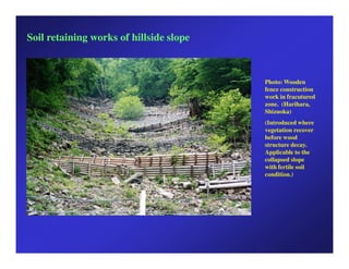 Soil retaining works of hillside slope



                                         Photo: Wooden
                                         fence construction
                                         work in fracutured
                                         zone. (Harihara,
                                         Shizuoka)
                                         (Introduced where
                                         vegetation recover
                                         before wood
                                         structure decay.
                                         Applicable to the
                                         collapsed slope
                                         with fertile soil
                                         condition.)
 