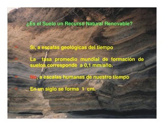¿Es el Suelo un Recurso Natural Renovable?



•    Si, a escalas geológicas del tiempo

•    La tasa promedio mundial de formación de
     suelos corresponde a 0,1 mm/año.

•    No, a escalas humanas de nuestro tiempo

•    En un siglo se forma 1 cm.
 