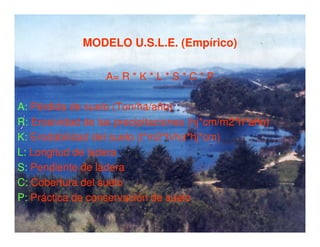 MODELO U.S.L.E. (Empírico)

                  A= R * K * L * S * C * P

A: Pérdida de suelo (Ton/ha/año)
R: Erosividad de las precipitaciones (hj*cm/m2*h*año)
K: Erodabilidad del suelo (t*m2*h/ha*hj*cm)
L: Longitud de ladera
S: Pendiente de ladera
C: Cobertura del suelo
P: Práctica de conservación de suelo
 