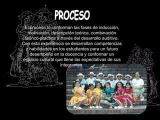 El proceso lo conforman las fases de inducción,
   motivación, descripción teórica, combinación
 teórico-practica a través del desarrollo auditivo.
Con esta experiencia se desarrollan competencias
  y habilidades en los estudiantes para un futuro
    desempeño en la docencia y conformar un
espacio cultural que llene las expectativas de sus
                    integrantes.
 
