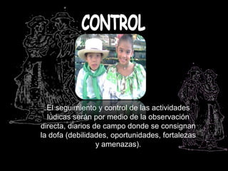 El seguimiento y control de las actividades
  lúdicas serán por medio de la observación
directa, diarios de campo donde se consignan
la dofa (debilidades, oportunidades, fortalezas
                  y amenazas).
 