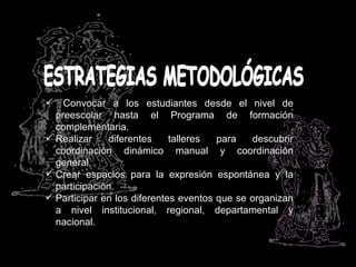    Convocar a los estudiantes desde el nivel de
  preescolar hasta el Programa de formación
  complementaria.
 Realizar    diferentes     talleres  para   descubrir
  coordinación dinámico manual y coordinación
  general.
 Crear espacios para la expresión espontánea y la
  participación.
 Participar en los diferentes eventos que se organizan
  a nivel institucional, regional, departamental y
  nacional.
 