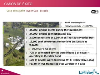#ForoASLAN
CASOS DE ÉXITO
o 45,000 attendees per day
o Highly transient at a +/‐ 16KM2 Site
o 132 High Density Wi‐Fi Access Points 
across the site
o 928 Software programmable radios
o Distributed Architecture
o On Premise Management System
o Maximum connections to one array 
24.3K…..any guesses where?
o Maximum simultaneous connections to 
one high density AP – 688
Caso de Estudio Ryder Cup ‐ Escocia
o 34,000+ unique clients during the tournament
o 24,000+ unique connections per day
o 2,500 connections at 6.30AM on Thursday (Practice Day)
o 12,500 peak concurrent connections on Sunday at 
9.30AM
o– 9000 were iOS clients
o 70% of connected devices were iPhone 5 or newer –
operating in the 5Ghz band
o 10% of devices were next wave Wi‐Fi ‘ready’ (802.11AC)
o >£14M in POS transacted over wireless in 4 days
 