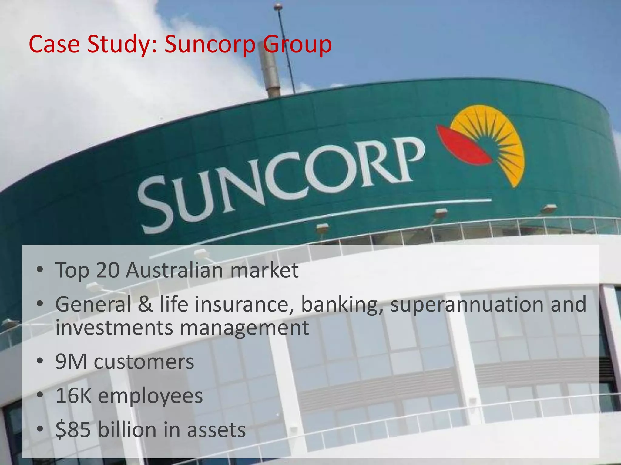 Case Study: Suncorp Group
• Top 20 Australian market
• General & life insurance, banking, superannuation and
investments management
• 9M customers
• 16K employees
• $85 billion in assets
 