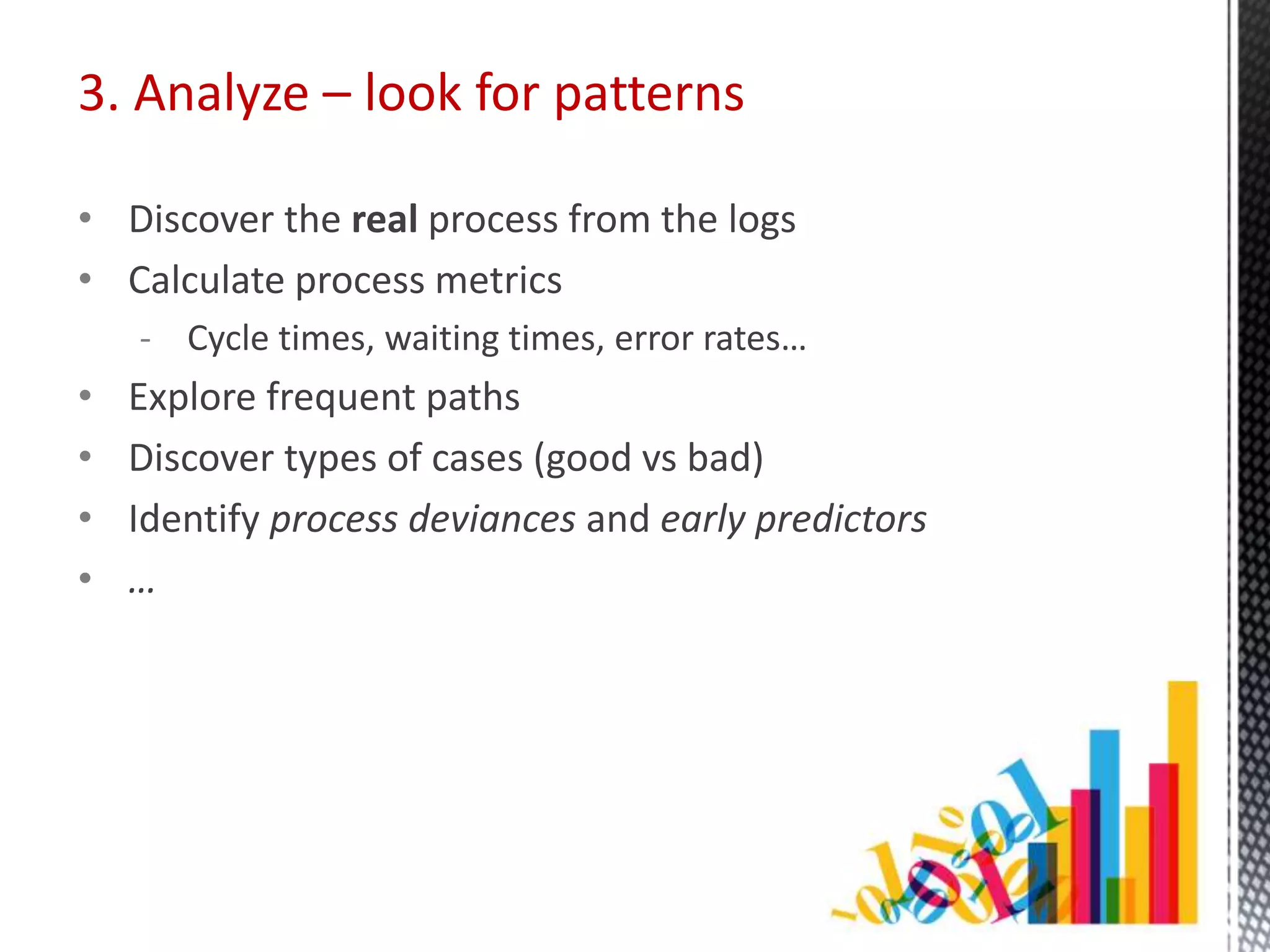 • Discover the real process from the logs
• Calculate process metrics
- Cycle times, waiting times, error rates…
• Explore frequent paths
• Discover types of cases (good vs bad)
• Identify process deviances and early predictors
• …
3. Analyze – look for patterns
 