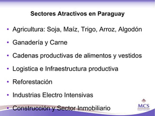 Sectores Atractivos en Paraguay

• Agricultura: Soja, Maíz, Trigo, Arroz, Algodón

• Ganadería y Carne

• Cadenas productivas de alimentos y vestidos

• Logistica e Infraestructura productiva

• Reforestación

• Industrias Electro Intensivas

• Construcción y Sector Inmobiliario
 