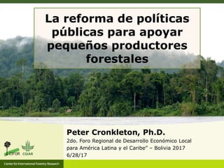 La reforma de políticas
públicas para apoyar
pequeños productores
forestales
Peter Cronkleton, Ph.D.
2do. Foro Regional de Desarrollo Económico Local
para América Latina y el Caribe” – Bolivia 2017
6/28/17
 