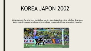 KOREA JAPON 2002
Sabias que este fue el primer mundial de nuestro país, llegando a este a solo fase de grupos.
A continuac...