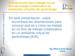 Orientaciones para trabajar en un foro de trabajo colaborativo en ambientes virtuales de aprendizaje ,[object Object],Mg. Bibiana Ávila García. Tutora 