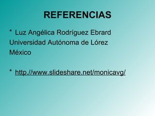 REFERENCIAS Luz Angélica Rodríguez Ebrard Universidad Autónoma de Lórez México http.//www.slideshare.net/monicavg/ 
