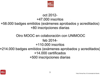 +58.000 badges emitidos (exámenes aprobados y acreditados) 
Otro MOOC en colaboración con UNIMOOC 
+214.000 badges emitidos (exámenes aprobados y acreditados) 
Pedro Pernías Peco. IEI-Universidad de Alicante 
oct 2012- 
+47.000 inscritos 
+80 inscripciones diarias 
feb 2014- 
+110.000 inscritos 
+14.000 certificados 
+500 inscripciones diarias 
3 
 